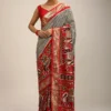 Red Saree In Silk With Multi Colored Patola Print And Diagonal Stripes